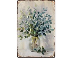 Metalen blikken bord Vintage bloem 20x30cm Retro eucalyptusbladeren roestige look groene flora bladeren poster voor kamer tuin tuin huis balkon winkel wanddecoratie