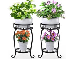 Metalen bloemenkruk, bloempotstandaard zwart, plantenstandaard 2 stuks, plantenhouderrek 2 niveaus, plantenplank moderne ijzeren plantenplank binnen buiten voor plantenbak hoek tuin balkon