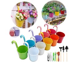 Metalen bloempotten zonder gat; 10 stuks om op te hangen; kleurrijke potten met losse haak voor balkon en tuin; incl. tuingereedschap; 26x13.5x9.5 cm