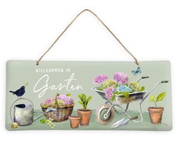 Metalen bord 'Welkom in de tuin' - decoratief woonaccessoire - 1 stuk - metaal - 35 x 15 x 0,5 cm