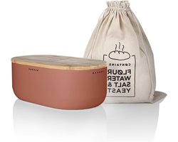 Metalen brooddoos met linnen broodzak - hoge kwaliteit - bamboe deksel - snijplank - 36x19x13cm - Brick Red Broodtrommel