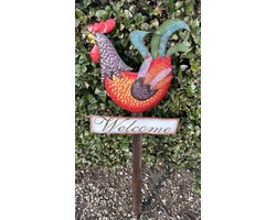 Metalen deco "haan + welcome" op houten tuinsteker - Paars + rood - hoogte 91 x 31 x 2 cm - Tuinaccessoires - Tuindecoratie – Tuinstekers
