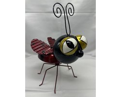 Metalen deco (tuin) lieveheersbeestje met wiebelhoofd + lijfje - rood & zwart - hoogte 24x20x14cm - Woonaccesoires - Tuinaccessoires
