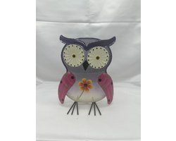 Metalen deco (tuin) uil - paars + roze & meerkleurig - hoogte 17x16x7cm - Woonaccesoires - Tuinaccessoires