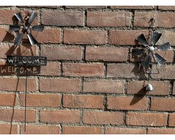 Metalen deco tuinsteker + deco hanger met windmolen "Welcome" met bel - Set van 2 stuks - Zilver - hoogte 60 x 20 x 1 cm / 36 x 18 x 1 cm - Tuinaccessoires - Tuindecoratie – Tuinstekers