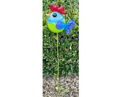 Metalen deco tuinsteker "haan" - groen + meerkleurig - hoogte 90 x 24 x 2 cm - Tuinaccessoires - Tuindecoratie – Tuinstekers
