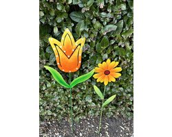 Metalen deco tuinstekers "bloemen" - Set van 2 stuks - meerkleurig oranje - hoogte 60 x 17 x 1 cm + 52 x 11 x 1 cm - Tuinaccessoires - Tuindecoratie – Tuinstekers