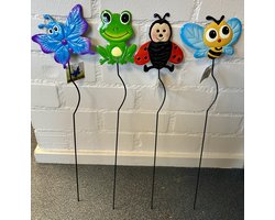 Metalen deco tuinstekers "insecten en kikker" - Set van 4 stuks - diverse kleuren - hoogte 60 x 15 x 13 cm - Tuinaccessoires - Tuindecoratie – Tuinstekers
