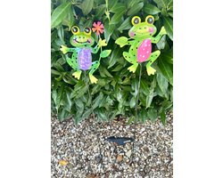 Metalen deco tuinstekers " Kikkers" - Set van 2 stuks - meerkleurig - hoogte 58 x 12 x 1 cm - Tuinaccessoires - Tuindecoratie – Tuinstekers