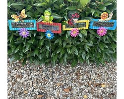 Metalen deco tuinstekers " Slak/bij/lieveheersbeestje & kikker met bloem" - Set van 4 stuks - meerkleurig + glas - hoogte 62 x 15 x 1 cm - Tuinaccessoires - Tuindecoratie – Tuinstekers
