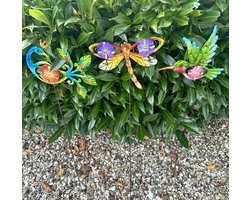 Metalen deco tuinstekers " vlinder/kolibri/pauw" - Set van 3 stuks - meerkleurig + glazen sierstenen - hoogte 62 x 19 x 1 cm - Tuinaccessoires - Tuindecoratie – Tuinstekers