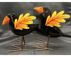 Metalen deco vogels - set van 2 stuks - meerkleurig - hoogte 16 x 13 x 2 cm - Woonaccessoires - Woondecoratie - Decoratieve vogels