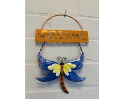 Metalen decoratie tuin hanger "welcome" libelle - blauw + oranje - hoogte 30 x 20 x 1 cm - Woonaccessoires - Decoratieve hangers - Tuinaccessoires
