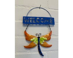 Metalen decoratie tuin hanger "welcome" libelle - oranje + blauw - hoogte 30 x 20 x 1 cm - Woonaccessoires - Decoratieve hangers - Tuinaccessoires