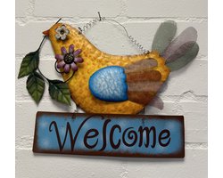 Metalen decoratie (tuin) hanger "welcome" oker geel kleurige vogel - meerkleurig - hoogte 29 x 39 x 1 cm - Woonaccessoires - Decoratieve hangers - Tuinaccessoires