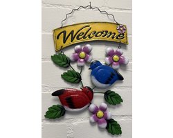 Metalen decoratie (tuin) hanger "welcome" rode + blauwe vogel - meerkleurig - hoogte 44 x 24 x 1 cm - Woonaccessoires - Decoratieve hangers - Tuinaccessoires