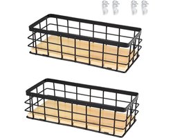 Metalen draadmanden set van 2 stuks in zwart - Decoratieve opbergmanden voor badkamer, keuken en eetkamer - Wandmanden met afneembare houten sokkel
