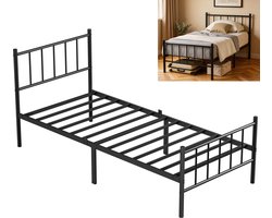 Metalen eenpersoonsbed 90x200 cm – zwart bedframe met hoog hoofdeinde, industrieel design en opbergruimte