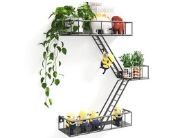 Metalen Fire Escape Ladder Plank - 3-Tier Black Wandplanken met Manden voor Actiefigurines - Rustieke Drijvende Decoratieve Wandplanken