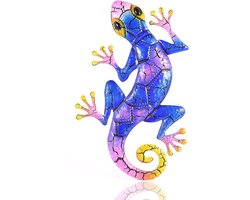 Metalen Gecko Decoratie - Hagedis Muurkunst - Tuin Aankleden - Handgeschilderd Regenboog Design - 43 x 27 cm - Blauw