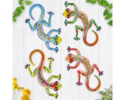 Metalen gecko indoor outdoor wanddecoratie - 4 stuks hagedis kunst - hangende sculpturen en standbeelden voor tuin binnenplaats woonkamer slaapkamer terras balkon (1)