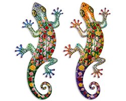Metalen gekko wanddecoratie set van 2 - gekleurde hagedis sculpturen voor binnen en buiten