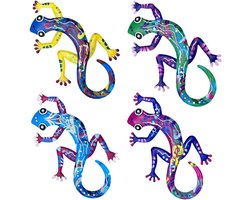 Metalen Gekko Wanddecoratie Set van 4 - Kleurrijke Hagedissen voor Binnen en Buiten Gebruik