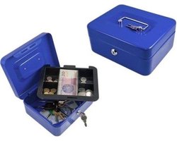 Metalen Geldkist Groot Met Sleutel Slot - Roestvrij Staal Geldkluis Doos Met Muntbak - Geld Kluis Kist Met Muntenbak Inleglade - Blauw