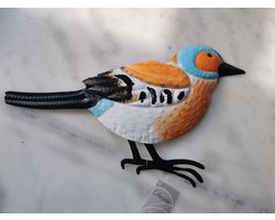 Metalen grote vogel met handige ophanglus in zomerse kleuren, kunstig bewerkt en met de hand geschilderd om je terras of balkon te versieren