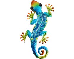 Metalen Hagedis Wanddecoratie Buiten - Kleurrijk Terras en Tuin Ornament 39x19 cm