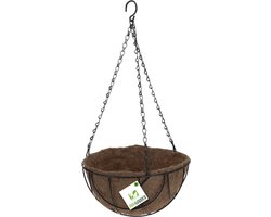 Metalen hanging basket / plantenbak zwart met ketting 25 cm inclusief kokosinlegvel - Hangende bloemen