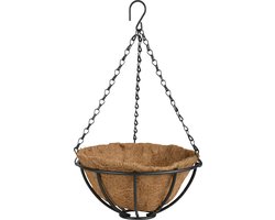 Metalen hanging basket / plantenbak zwart met ketting 25 cm inclusief kokosinlegvel - Hangende bloemen