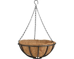 Metalen hanging basket / plantenbak zwart met ketting 35 cm inclusief kokosinlegvel - Hangende bloemen