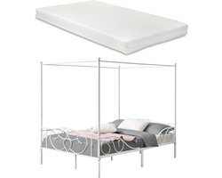 Metalen hemelbed Alesia - met bedbodem en matras - 140x200 cm - wit - stabiel frame - minimalistisch design