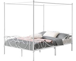 Metalen Hemelbed Sofie - Met Bedbodem - 140x200 cm - Wit - Stabiel Frame - Minimalistisch Design