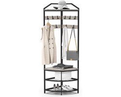 Metalen Hoekkapstok met 12 Beweegbare Haken – Vrijstaande Garderobe met Opbergrek voor Hal, Slaapkamer, Woonkamer of Kantoor – Grijs