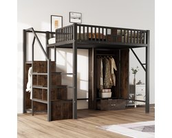 Metalen hoogslaper 140 × 200 cm met opvallend leuningdesign van hout en metalen gaas, compleet met grote kledingkast, lades en opbergladder, zwart