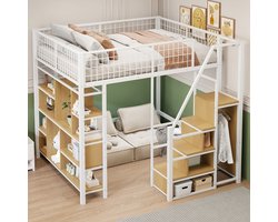 Metalen hoogslaper 140x200 cm - met opbergtrap en geïntegreerde kasten - wit - multifunctioneel voor volwassenen en kinderen - ruime vrije zone onder het bed voor een werkplek of lounge