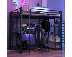 Metalen hoogslaper met ladder 140*200 cm, juniorbed, tweepersoonsbed met tafel, eenvoudige kledinghaken en opbergvakken, zwart