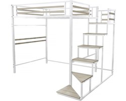 Metalen hoogslaper met trap "LENA" - 140 x 200 cm - Wit