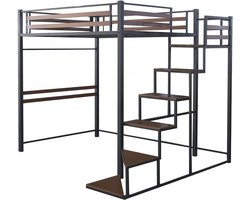Metalen hoogslaper met trap "LENA" - 140 x 200 cm - Zwart en walnootbruin