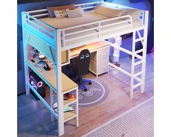 Metalen hoogslaper voor spelletjes 140 x 200 cm - met boekenplank - bureau - kast - USB en LED-verlichting - wit