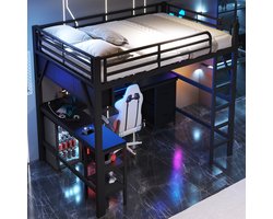 Metalen hoogslaper voor spelletjes 140 x 200 cm - met boekenplank - bureau - kast - USB en LED-verlichting - zwart