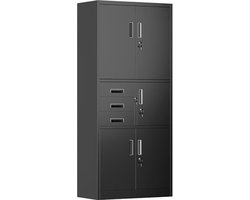Metalen kantoor kast met 3 lades - Opbergruimte voor tijdschriften en gereedschap - 180 x 80 x 40 cm - Zwart