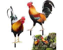 Metalen Kip Decoratie - Tuinsteker Set - Buiten Versieren - Roestbestendig Ijzer - Set van 2 - Veelkleurig