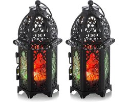 Metalen kleine theelichthouders, 2 stuks, bruiloft, middenstukken, kleurrijk, glas, hangende lantaarns, bruiloft, huis, tafeldecoratie, vogelkooi, zwart, kaarshouder, Marokkaanse lamp