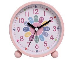 Metalen kleine wekker voor kinderen voor het vroege onderwijs - Stille wekkers - Niet-tikkende tafelklokken met nachtlampje - Roze