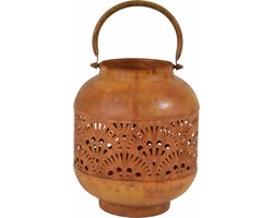 Metalen lantaarn/windlicht met glas roest 21 cm - Metalen woonaccessoires - Tuindecoratie artikelen van metaal