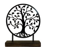 Metalen levensboom in houten voet - mooi jubileum cadeau - mat zwart gepoedercoat - Nederlands design - Uniek cadeau