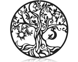Metalen Levensboom Wanddecoratie - Zwart Silhouet Zon en Maan Sculptuur voor Binnen en Buiten - 30x30 cm